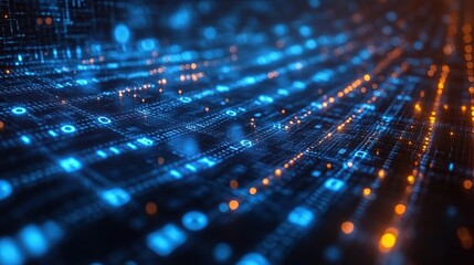 Fototapete - Abstract digital data flow with glowing binary code, 0s and 1s, forming a wave-like pattern.