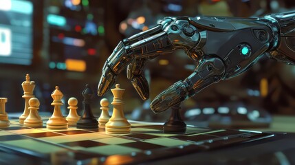 Poster - Robotic hand playing chess, futuristic technology concept.