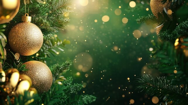 A luxurious Merry Christmas and Happy New Year banner with sparkling golden decorations, lush greenery, and space for your custom text