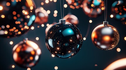 Poster - A modern Christmas banner design featuring sleek metallic ornaments, glowing fairy lights, and ample room for festive greetings