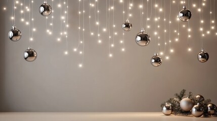 Poster - A modern Christmas banner design featuring sleek metallic ornaments, glowing fairy lights, and ample room for festive greetings