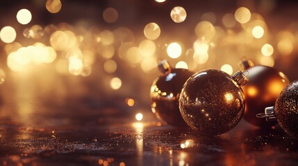 Poster - A modern Christmas banner design featuring sleek metallic ornaments, glowing fairy lights, and ample room for festive greetings