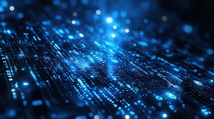 Fototapete - Abstract digital data flow, glowing blue lines and particles on dark background.