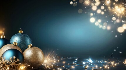 Poster - A modern Christmas banner design with elegant blue and gold ornaments, glowing lights, and an open space for your message