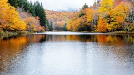 Canvas Print - Calm autumn lake reflecting colorful trees.