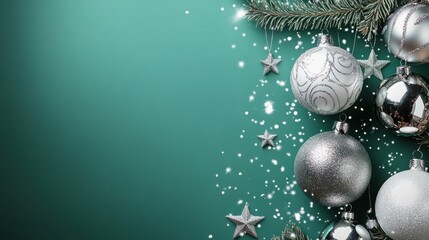 Poster - A modern Merry Christmas card featuring silver ornaments, glittering stars, and a blank white section for text, set against a festive green backdrop