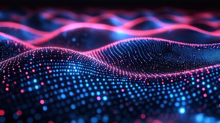 Poster - Abstract pink and blue glowing particle wave background.