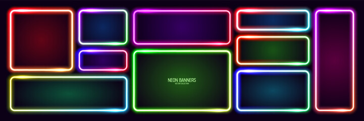 Wall Mural - colorful glowing neon banners, illuminated square frames. shiny vibrant border, glow effect. purple 
