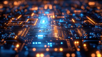 Poster - Abstract close-up of illuminated circuit board; glowing technological background.