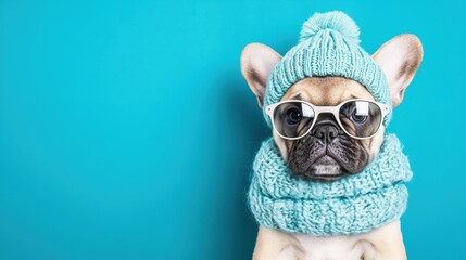 Sticker - Stylish French Bulldog Wearing Hat and Glasses on Blue Background