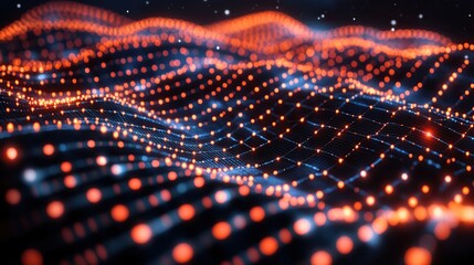 Poster - Abstract glowing digital landscape with orange and blue particles forming wavy lines and grid pattern on dark background.