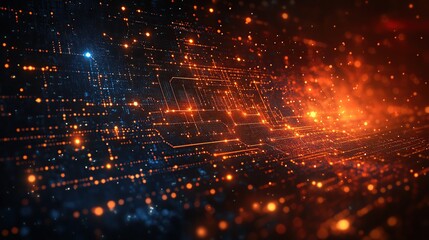 Fototapete - Abstract digital circuitry glowing with orange and blue light.
