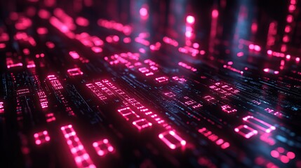 Fototapete - Abstract digital data stream with glowing pink and blue lines.