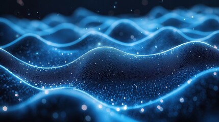 Poster - Abstract blue digital wave background with glowing particles.