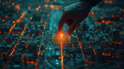 Poster - Hand pointing at glowing location pin on a miniature city model at night.