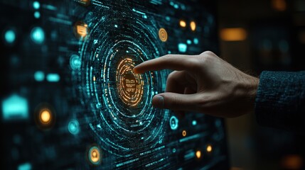 Fototapete - Hand interacting with a futuristic digital interface showing a central security element.