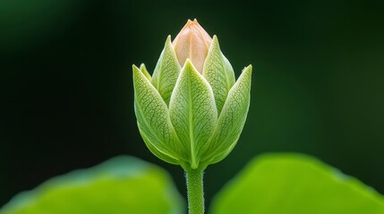 Poster - A close-up of a budding flower with green leaves, showcasing intricate textures and a soft, delicate pink tip against a blurred green background.