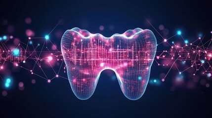 Poster - Futuristic digital tooth with glowing circuit lines and nodes, representing dental technology and innovation.