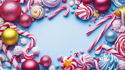 Poster - A vibrant holiday card featuring cheerful ornaments, candy canes, and a large blank area for a custom Christmas message