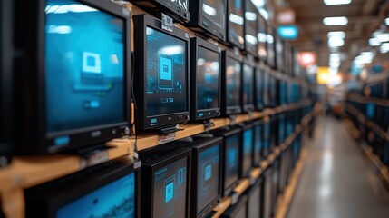 Poster - Rows of monitors on shelves in electronics store.