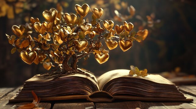 A whimsical golden tree rises from the pages of an open book, symbolizing knowledge and growth.