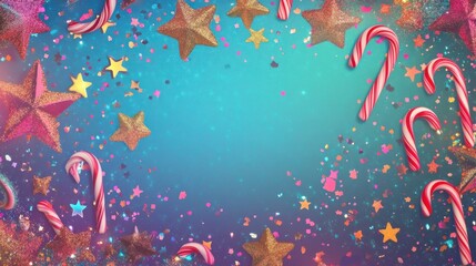 Aufkleber - A vibrant holiday greeting card with glittering stars, candy canes, and a blank space for your Merry Christmas and Happy New Year text