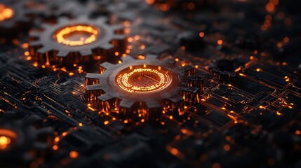 Poster - Glowing metallic gears on circuit board.
