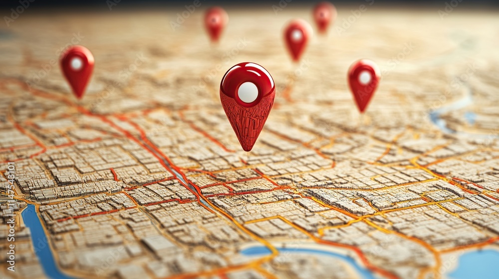 Point Location Map Red location pins on a city map illustrating multiple points of ...