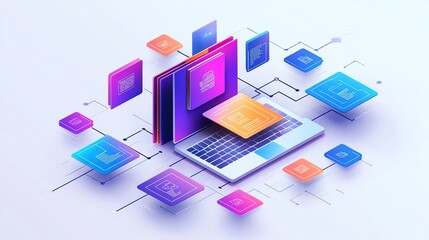 Poster - Isometric illustration of laptop, smartphone, and digital documents interconnected, representing data flow and digital technology.