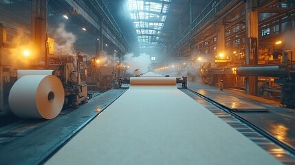 Poster - Paper production line in a modern factory; rolls of paper move along a conveyor belt.