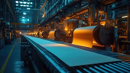 Poster - Industrial paper production line with large rolls of paper moving on a conveyor belt in a factory.