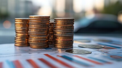Poster - Stacks of gold coins on financial charts showing growth and investment.