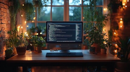 Poster - Cozy home office with computer displaying code, surrounded by plants and warm lighting.