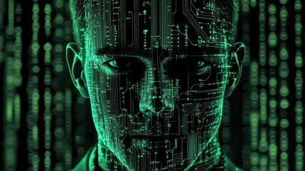 Poster - Man's face overlaid with circuit board, green digital code background.