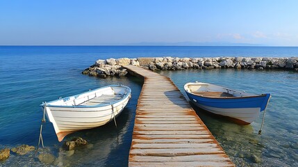 Naklejka na meble Two small boats moored at a wooden jetty on a calm sea under a clear blue sky.