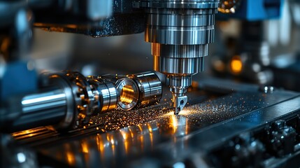 Poster - Close-up of CNC machine cutting metal, sparks flying.