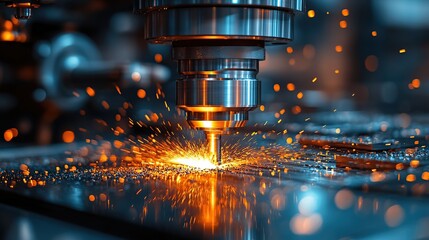Poster - Close-up of CNC machine cutting metal, sparks flying. (1)