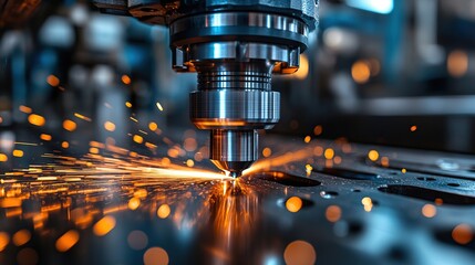 Poster - Close-up of a CNC laser cutting machine in operation, sparks flying from the metal workpiece.