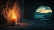 © pornchan - A glowing candle placed at the edge of a dark cave, symbolizing courage and guidance, anticipation, hope, journey