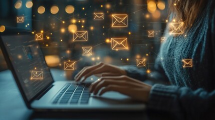 Poster - Woman using laptop, email icons glowing.