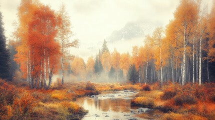 Sticker - Misty autumn scene with vibrant fall foliage, reflecting in a calm stream, mountains in background.