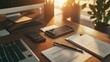 © milenialdesastudio - Sunlit modern workspace with laptop, phone, documents, and calculator.