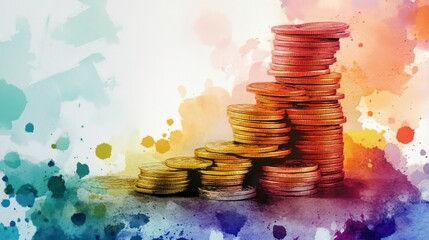 Fototapete - Colorful stacks of coins illustrating financial growth and wealth.