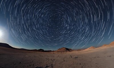 Wall Mural - Star trails over a desert landscape, showcasing celestial movement and night sky beauty.