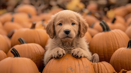 Wall Mural - Cute Golden Puppy Surrounded by Pumpkins in Autumn Field