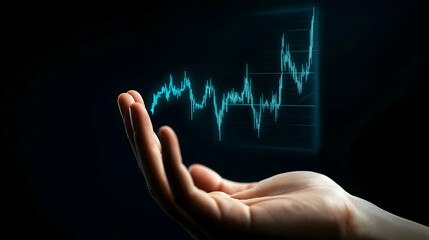 Poster - A hand holds a digital display showing a rising graph, symbolizing growth, technology, and data analytics.