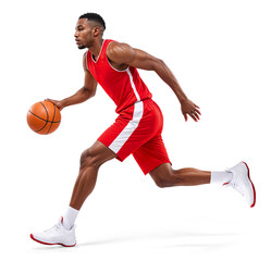 Wall Mural - Side view of pro basketball player dribbling a ball while running wearing a red jersey