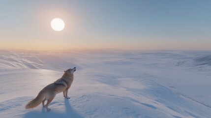 Wall Mural - lone wolf howling at sunset on a snowy mountain peak.