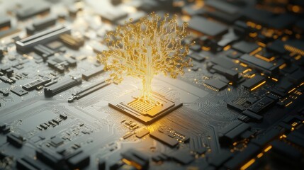 Poster - Digital Tree of Life Emerging from Circuit Board Background
