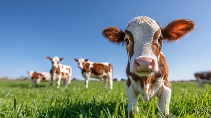 Wall Mural - Cute calf grazing in green pasture with clear blue sky backdrop